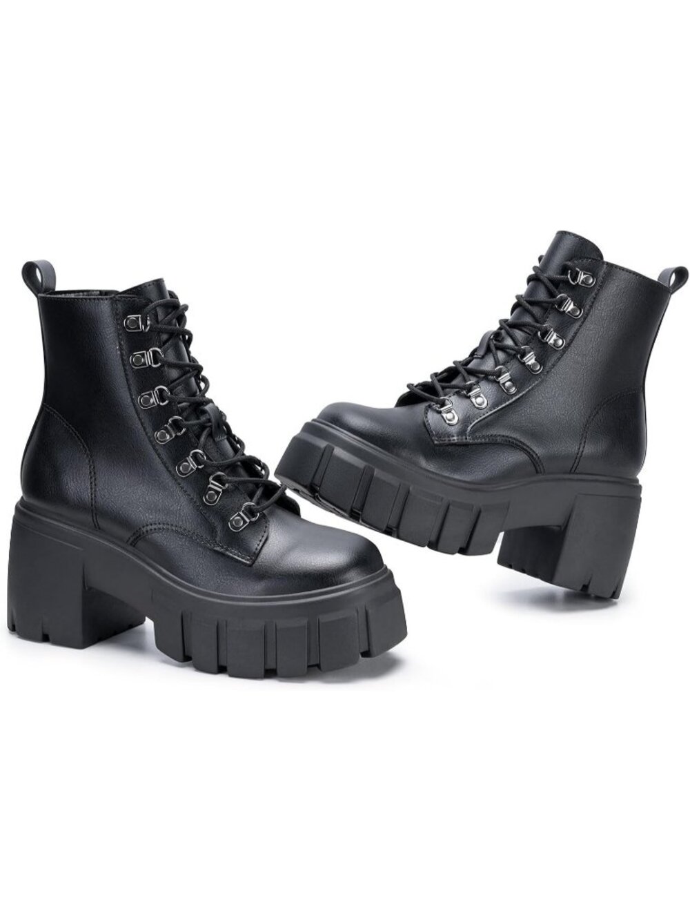 Women’s Black Rubber Chunky Combat Boots Lace Up Side Zip High Heel Boots